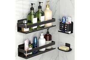 YESENT Mensola doccia in lega di alluminio nero, set da 4 pezzi, scaffale portaoggetti per bagno spesso e robusto, portaspazzolino a parete