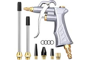 JASTIND Industrial Air Blow Gun with Brass Adjustable Air Flow Nozzle and 2 Steel Air Flow Extension, Pneumatic Air Compressor Accessory Tool Dust Cleaning Air Blower Gun