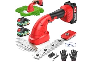 FOVENDI 21V Tijeras Cortacésped y Arreglasetos Cortasetos a Batería Electrico 2 en 1 Tijeras de Césped Podar con 2 Batería de 2000mAh y Cargador Tijeras Eléctricas con 2 Cuchillas de Longitud Arbustos y Setos
