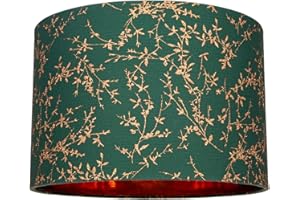 Happy Homewares Modern Forest Green Cotton Fabric 12" Lamp Shade with Copper Foil Floral Decoration Suitable for Table or Ceiling Usage | 30cm Diameter | 60w Maximum
