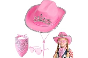 AUYAO Sombrero de Cowboy, 3Pcs Sombrero Vaquero Niños con Bandana y Gafas de Amor, Cowboy Hat Niños, Western Cowgirl Hat para Banda Country Playa Natural Brasileño