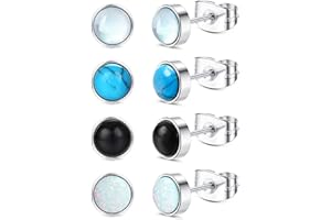 ADRAMATA 4 Paia di Orecchini a Bottone in Acciaio Inossidabile Orecchini a Pietra di Luna Orecchini Turchese Orecchini a Bottone Opale Orecchini a Bottone in Onice Nero per Le Donne