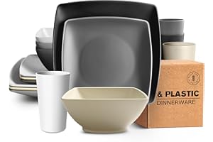 Teivio 16-Piece Kitchen Plastic Square Dinner Set, Service for 4, Dinner Plates, Dessert Plates, Cereal Bowls, 20 oz Cups, Unbreakable Plastic Plates and Bowls Set, Outdoor Camping Dishes, Stone