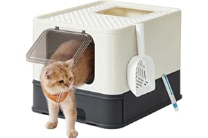 Feandrea Bac à Litière Fermé pour Grand Chat, Maison de Toilette, Plateau Amovible, Pelle, Brosse, Capacité 15 kg, Anti-Traces, Anti-fuites, Beige et Noir PPT001W01