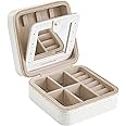 SONGMICS Jewellery Box, 11.4 x 11.4 x 5.5 cm Travel Jewellery Box with Interior Mirror, PU Leather Jewellery Storage for Women, Small Jewellery Organiser, Portable, Gift Idea, Cloud White JBC146BEV2