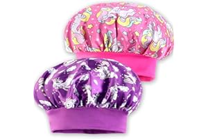 NICECONE 2 Pcs Kids Unicorn Silk Satin Bonnet, Adjustable Elastic Soft Pink & Purple Satin Hair Bonnet Sleep Cap for Toddler Girls, Cute Unicorn Nightcap for Sleeping