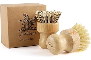 Wokelai Brosse à vaisselle en bambou pour cuisine – Respectueux de l'environnement en fibre de sisal naturel pour la vaisselle, les casseroles, les poêles, les légumes, l'évier