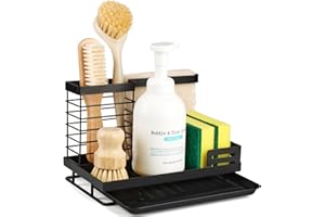 SINNSALLY Spülbecken Organizer Küchen,Kitchen Sink Caddy Organizer,Spülmittel Halterung Küche,Schwammhalter/Spüllappenhalter mit Abflusspfanne,Waschbecken Abwasch Organizer,Spülorganizer Spüle Ablage Schwarz