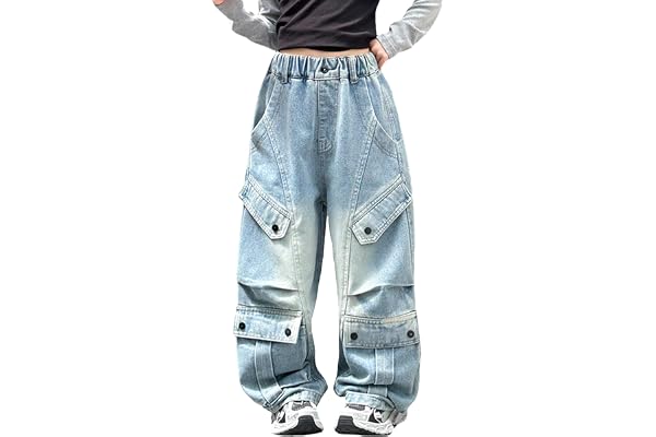 SEAUR Baggy cargojeans flickor multi fickor cargobyxor Y2K hip hop streetwear barn tonåring jeans med elastiskt band 5–14 år