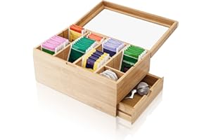 AMAZY Caja de bambú decorativa para bolsas de té (extra grande) - 31 x 19 x 14,5cm - con 8 divisiones ajustables y cajón.