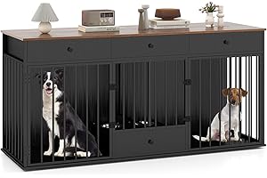 COSTWAY Large Dog Crate Furniture, Heavy Duty Dogs Cage with Double Doors, Divider, 3 Drawers, Pull-out Feeding Bowls, Indoor Puppy Kennel Side Table TV Stand (Brown+Black)