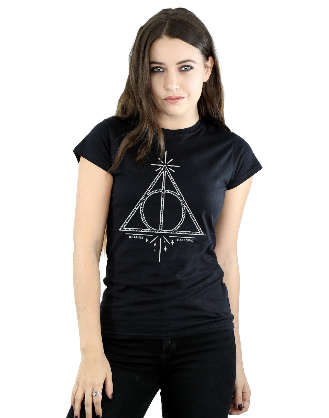 HARRY-POTTER-Damen-Deathly-Hallows-Symbol-T-Shirt-Large-Schwarz