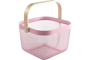 HOJKMA Cesto portaoggetti in acciaio con manico in legno, multifunzionale in filo metallico, ideale per cucina, bagno, dispensa, armadietto, shopping, rosa