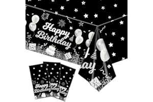 Kesfey 3 Pack Happy Birthday Tablecloths Decorations, Plastic Rectangular Table Cover Wipeable for Baby Shower Party Supplies, 108 x 54 Inch (Silver and Black)