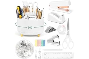 TOP-SPRING Cute Stationery Set, 12 in 1 Office Supplies & Desk Accessories for Women with Stapler & Staples Set, Pencil Holder, Tape Dispenser, Scissors, Clips, Ruler, Gift for Teachers, Students, Girls (White)