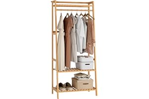 FOREHILL Kleiderständer mit Ablagen Garderobenständer Bambus Kleiderstange mit Anti-Kipp-Vorrichtung für Kleidung Schuhregal Taschen 164x70x42cm