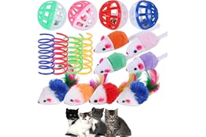 PLUSHCEWT 16 Pcs Cat Mice Toys,Cat Mouse Toys for Indoor,Wee Kitten Mice Rattle,Interactive Cat Toy,Cat Toy Ball with Bell,Cat Pom Poms,Spring Kitten Toys Playing Chewing Teeth Cleaning Realistic Toy (16 Pcs)