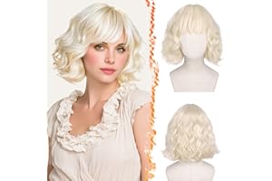 BARSDAR Krótka, falowana peruka z grzywką, krótka, kręcona, platynowy blond, peruka bob, teksturowana, francuska peruka bob z grzywką, syntetyczne, naturalne włosy, na imprezę, Cosplay, Halloween