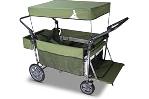 TOPWELL Folding Handcart Trolley, Folding Camping Wagon with Canopy & 2 Seats, Collapsible Beach Cart Foldable for Outdoor Garden Picnic Shopping 265LBS Capacity (Green/Beige)