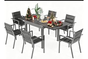 Devoko Gartenmöbel Set 6 Personen,6+1 Aluminium Tisch und Stühle Set Balkonmöbel, 6 Stapelbare Gartenstühle und 1 80/160 cm Dehnbarer Gartentisch,Terassen möbelsets außen Lounge, Dunkelgrau