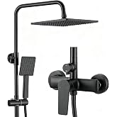 Auralum Shower Column with Matte Black Mixer, Shower Set with Square Sprayer 10", Antilimescale Brass Taps and PVC Hose 1.5 m