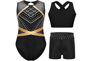 Yruioon 3 Stück Mädchen Turnanzug Ärmellos Gymnastikanzug Streifen Gymnastik Leotard + Sport BH Tops + Shorts Turnen Gymnastik Kleidung