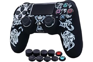 HLRAO Lasergravur Drachen Silikon Hülle Skin Case (Strahlung) für PS4/Slim/Pro Controller x 1 Mit Pro aufsätze Thumb Grips x 10.