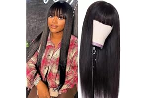 EMOL Glueless Wig With Bangs Straight Human Hair Wigs With Bangs 150% Density Virgin Hair None Lace Front Wigs Machine Made Bangs Wig Put On And Go No Glue For Women 14 Inch