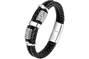Mochity Bracelet Homme Cuir, Bracelet Vikings Homme, Croix Chretienne Hommes Bracelets Acier Argent Noir, Bijoux Cadeau Hommes