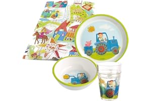 ‎KILALA Haba Geschirrset Traktor Melamin mit Glitzertrinkbecher Kindergeschirr Geschenkset (3-teilig Glitzerbecher)
