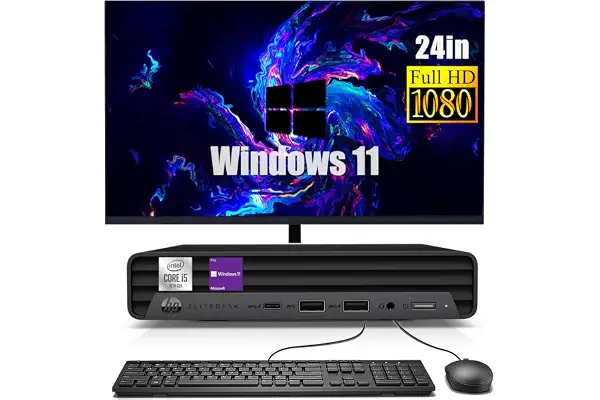 HP EliteDesk 800 G6 Mini Ordenador de sobremesa con monitor de 24 pulgadas, Intel Core i5-10500, 16 GB de RAM, 256 GB SSD, WiFi, Bluetooth, teclado QWERTY de EE. UU., Windows 11 Pro (reacondicionado)