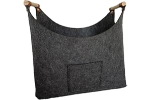 OBLLAR Felt Firewood Basket With Wooden Handle - Extra Large Foldable Storage Bag for Shopping, Wood, Newspaper (XL, Dark Grey)