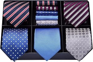 HISDERN Set 5 PCS Cravatta Uomo - Tinta Unita, Pois, Quadri, Righe - Fazzoletto Incluso - Per Festa e Matrimonio