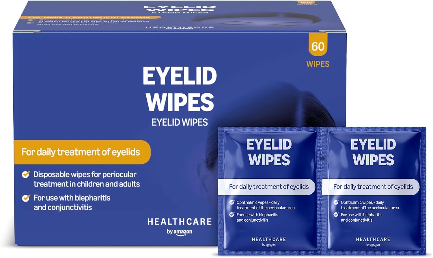 Healthcare by Amazon Toallitas limpiadoras de párpados de para el tratamiento periocular en adultos y niños, sin perfume, paquete de 60 (anteriormente Amazon Basic Care); el embalaje puede variar