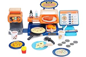 Sobebear Kids Pizza Cashier Playset, Grocery Store Pretend Play Kit Register Game with Checkout Scanner, Fruit Card Reader, Credit Card Machine, Play Money and Food Shopping Play Set for Kids