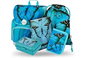 Baagl Schulranzen Mädchen Set 5 Teilig, Ergo Schultasche ab 1. Klasse, Ergonomische Grundschule Ranzen mit Brustgurt (Butterfly)