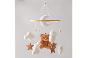 Promise Babe Mobilny uchwyt do łóżeczka niemowlęcego, drewniany uchwyt do łóżeczka dziecięcego, mobilny uchwyt do przewijania, pozytywka, białe chmury, księżyc, białe chmury, księżyc, brązowy miś