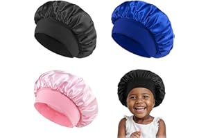 LOKXMVE 3 Pcs Kids Silk Bonnet for Sleeping,Elastic Child Satin Hair Bonnet for Sleeping,Soft Sleep Bonnets for Kids Girls Boys,Baby Bonnets,Silk Sleep Caps for Teens Toddler Children(Black+Blue+Pink)