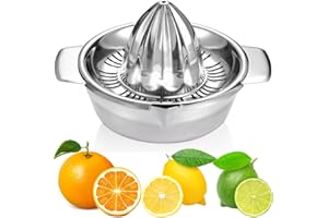 IKAKABEK Citrus Juicer Manual Lemon Squeezer Stainless Steel 304 Robust Orange Grapefruit Lime Hand Reamer Rotation Press with Strainer＆ 350ML Container, 2 Pour Spouts, Ø 13.8 cm, Dishwasher Safe, Heavy Duty