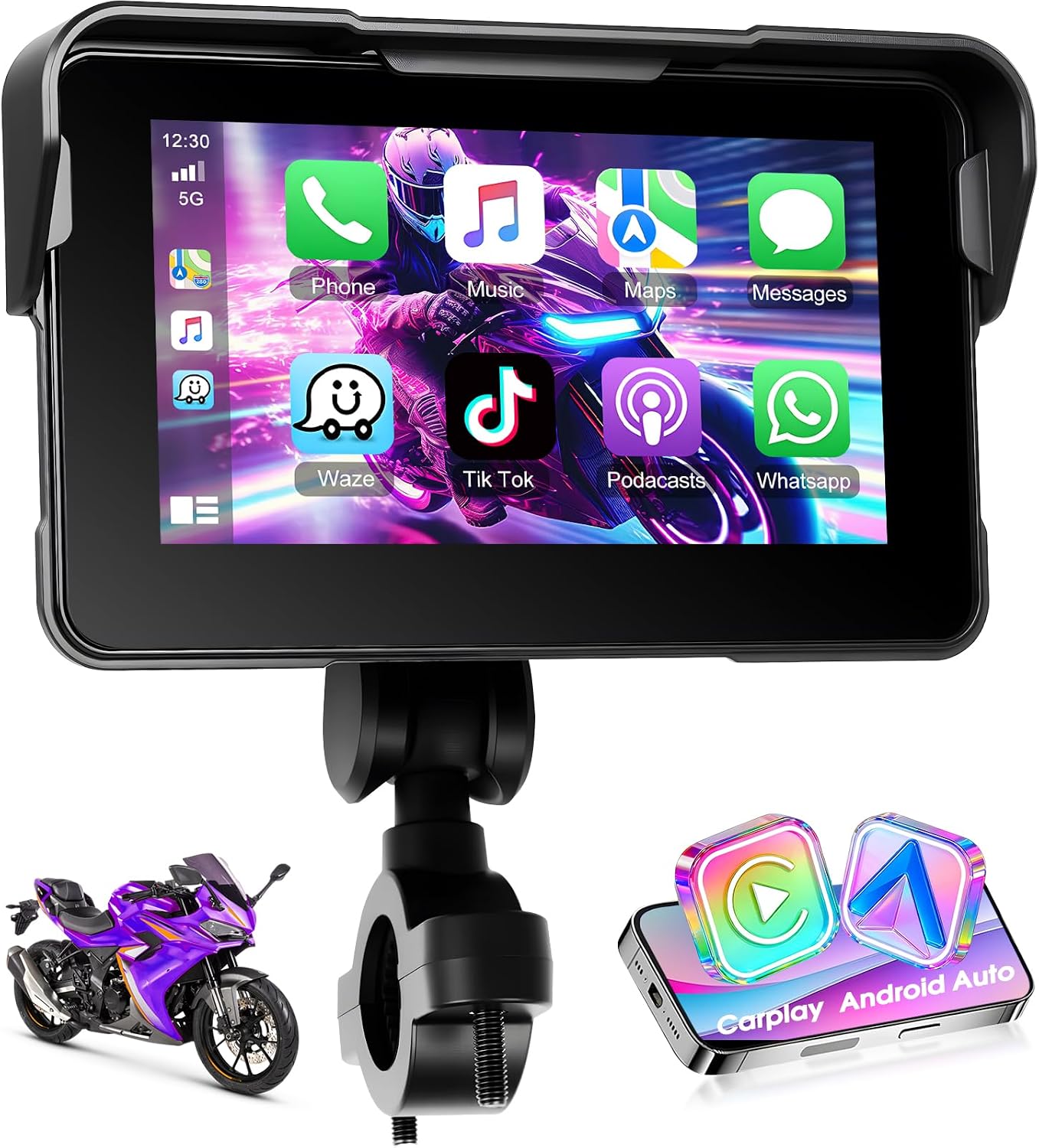 Motorsi Navegación para Motocicleta con Apple Carplay Android Auto Inalámbrico, Autoradio Portátil con Pantalla Táctil HD De 5 Pulgadas con Bluetooth FM, Impermeable IP68, Navegación GPS, Tarjeta TF