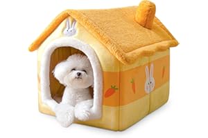 ALLSOPETS Caseta para Perros Casa Gatos Interior Cama De Cueva De Gato Casa para Mascotas Plegable Cama para Mascotas con Cojines de Felpa Suave Tapa Extraíble Amarillo