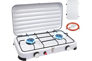 QDRECLOD Fornello da campeggio a 2 fuochi con coperchio, 4,4 KW, con pulsante di accensione auto, tubo e regolatore di pressione del gas da 50 mbar, piano cottura a gas, portatile, con custodia per esterni