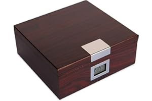 CASE ELEGANCE Humidor per Sigari in Cedro con Finiture in Ciliegio Fatto a Mano con Igrometro Anteriore Digitale - Tenuta (25-50 sigari) (Cedro)