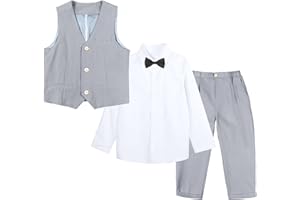 LOLANTA Traje de Etiqueta de 4 Piezas para niño, Conjunto de Chaleco, Ropa de Fiesta de Cumpleaños para Niños, Beige/Azul/Gris/Verde, 2-11 años