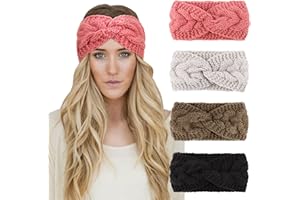 DRESHOW 4 Pièces Bandeau Cheveux pour Femme Bandeaux Hiver Serre-Tête Tricoté Oreille Réchauffeur Chaud Noué Bande Elastique Cheveux