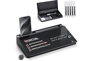 TOWON Small Glass Desktop Whiteboard with Storage – 30 x 17 cm Dry Erase Board for Desk, Home Office, School | Includes 5 Markers, Eraser & Holder | Space-Saving Organizer, Aesthetic Black Design