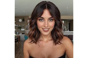 WOKESTAR Bob Curly Wig with Fringe, Short Synthetic Wavy Wigs for Women Brown with Highlights Color