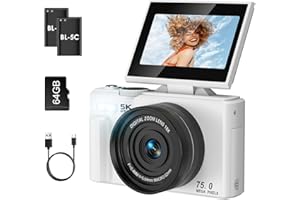 Nsyee 5K Digital Camera, 75MP Autofocus Video Blog Camera with 64G SD Card, 3 Inch 180° Flip Screen, WIFI Transmission, 18x Digital Zoom, Compact Cameras, Suitable for Teens, Beginners, Adults, White