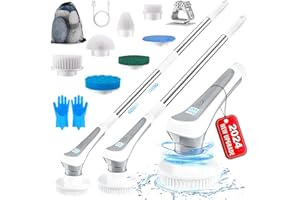TOPALL Brosse Nettoyage Electrique Rotative,Brosse Menage Electrique,avec 7 Têtes Brosse et Gants Silicone,Longueur Extensible 60-130cm et 2 Vitesses,pour Salle de Bain,Carrelage et Voiture