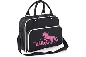 beyondsome Personalised Horse Riding Bag Womens Girls Glitter Equestrian School Case Gift, Black & White Trim/Pink Glitter Print